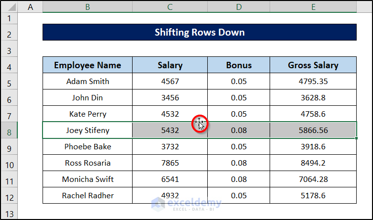 cursor icon for shifting rows down in excel