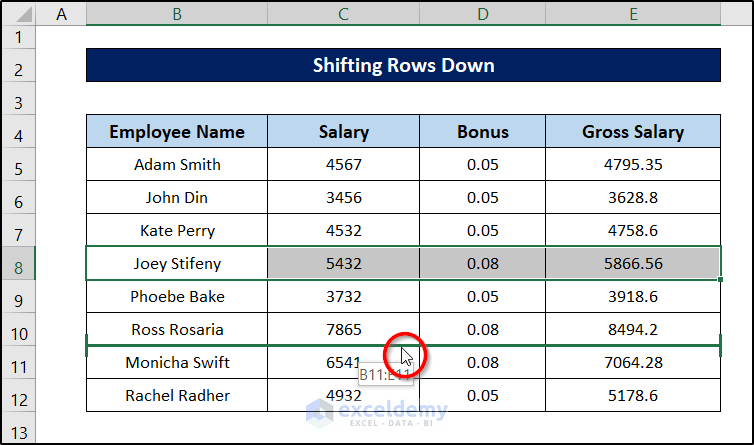 shifting rows down in excel visuals