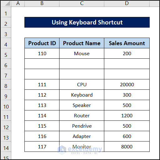 shift cells down in excel using keyboard shortcut