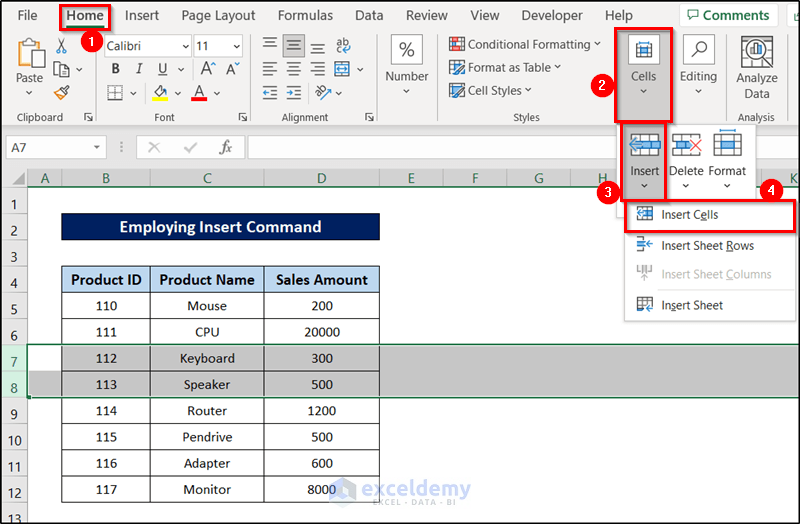 commands to shift cells down in excel
