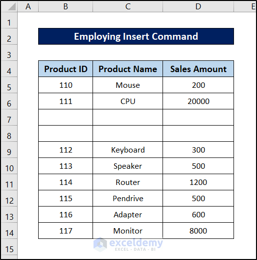shift cells down in excel employing insert command
