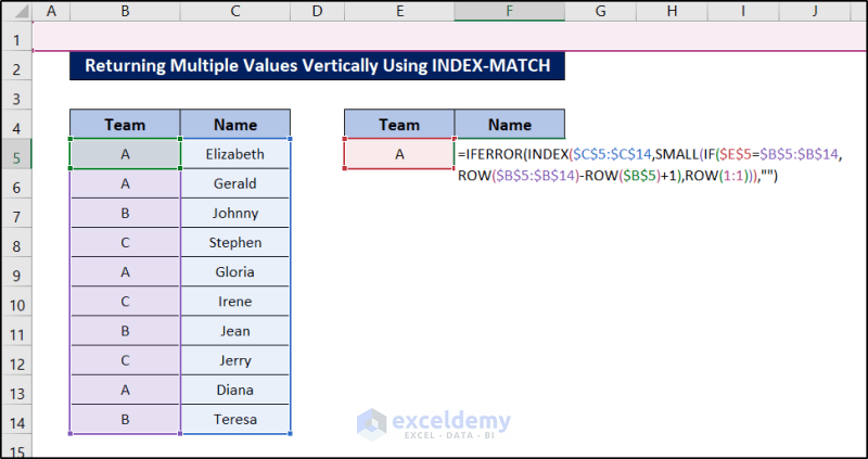 formula for returning multiple values vertically using index match