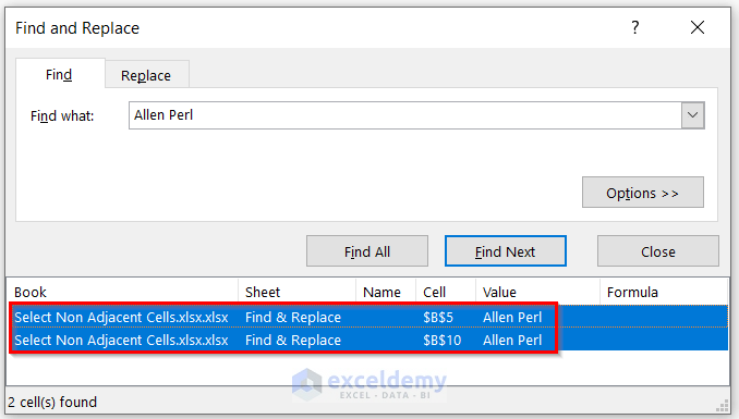 Pick Non-Adjacent Cells with Find and Replace Features