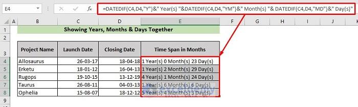 Determining Number of Years, Months & Days Together Between Dates in Excel