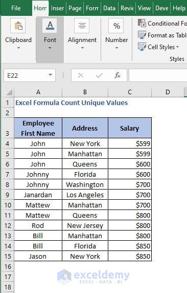 Workbook - Excel Formula Count Unique Values