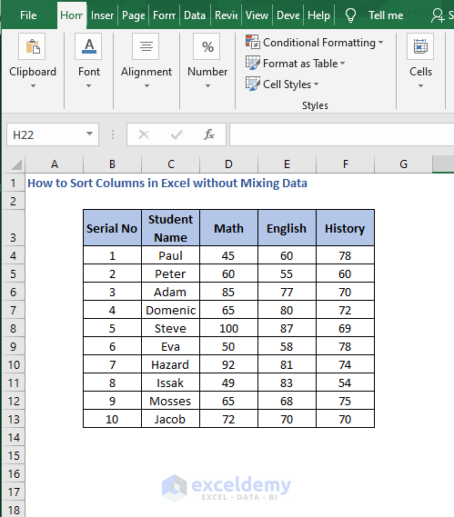 Excel sheet - How to Sort Columns in Excel without Mixing Data