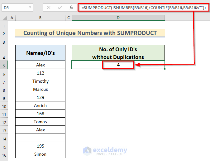 SUMPRODUCT Function to Count Unique Cells That Contain Only Numbers as Criteria in Excel