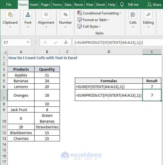 SUMPRODUCT result - How Do I Count Cells with Text in Excel