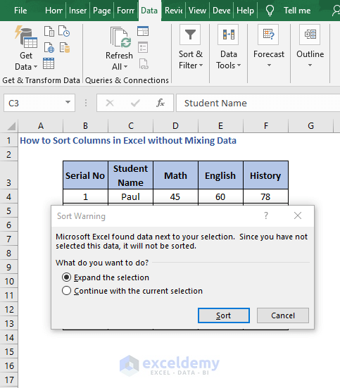 Sort Warning dialog box - How to Sort Columns in Excel without Mixing Data