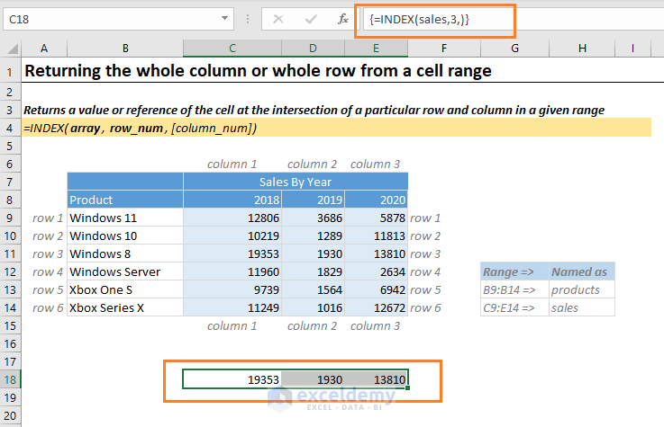 Return the whole column or range in Excel using Index function