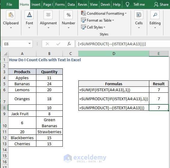 SUM-ISTEXT result - How Do I Count Cells with Text in Excel 