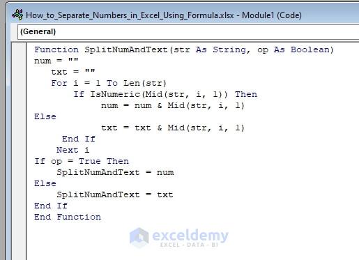 VBA Code of SplitTextAndNumber function
