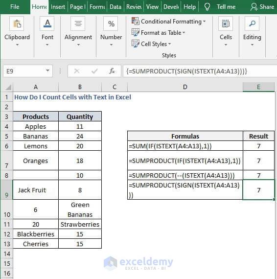 SUMPRODUCT - sign - result - How Do I Count Cells with Text in Excel
