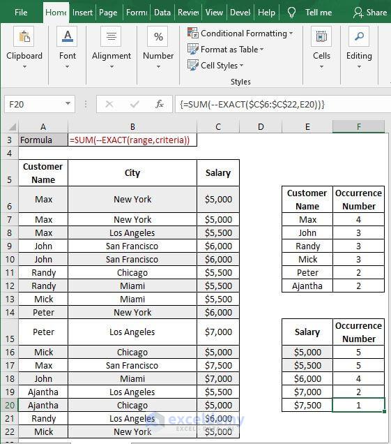 Sum Exact - numbers - Excel Count Number of Occurrences of Each Value in a Column