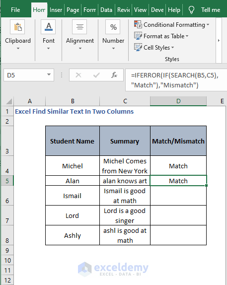 Example of similar -Excel Find Similar Text In Two Columns