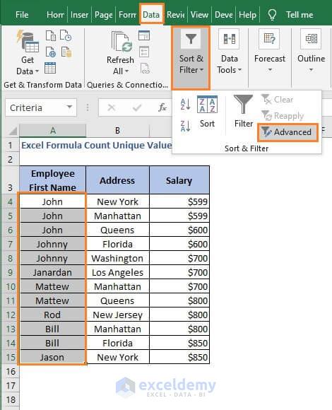 Advanced sort-Excel Formula Count Unique Values