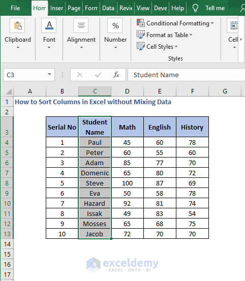 Select column - How to Sort Columns in Excel without Mixing Data