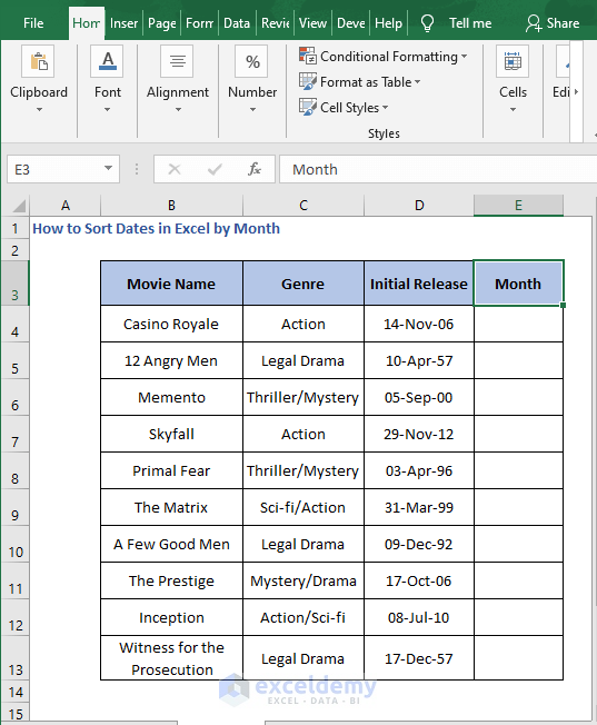 New column in the table - How to Sort Dates in Excel by Month