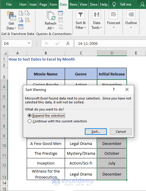 Sort Warning box - How to Sort Dates in Excel by Month
