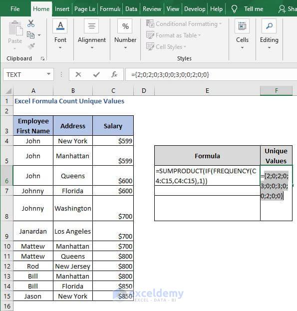 Frequency array-Excel Formula Count Unique Values