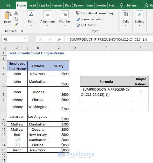 SUMPRODUCT-FREQUENCY-Excel Formula Count Unique Values