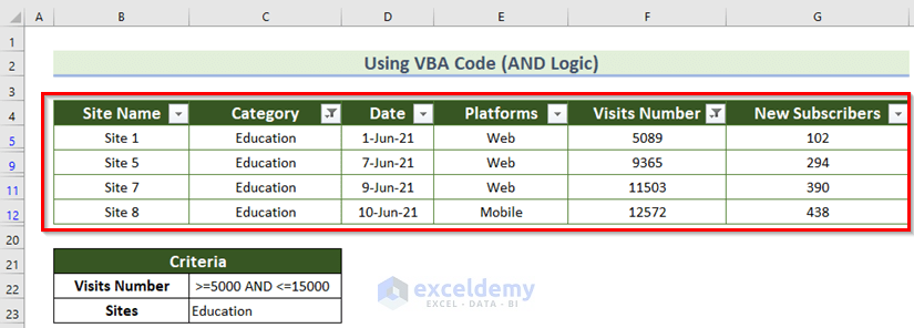 Result of using VBA code to Apply Multiple Filters in Excel