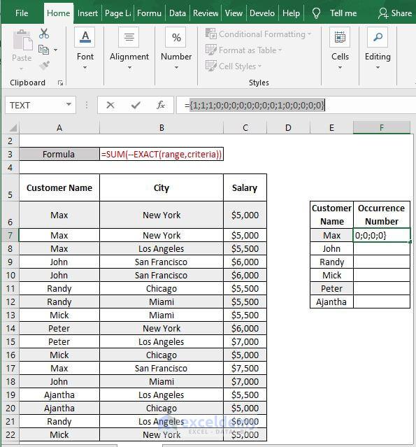 EXACT array - Excel Count Number of Occurrences of Each Value in a Column
