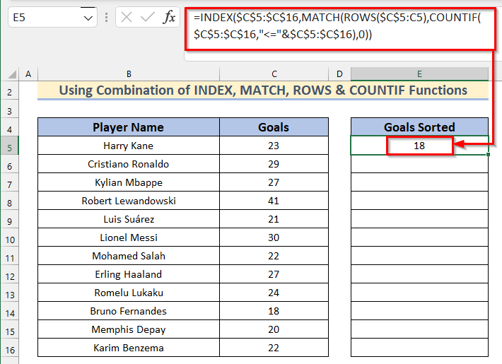 Use Combination of INDEX, MATCH, ROWS & COUNTIF Functions to Arrange Numbers in Ascending Order in Excel Using Formula