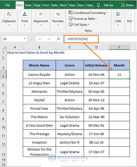 MONTH - How to Sort Dates in Excel by Month