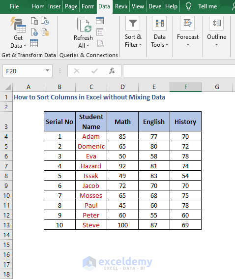 Sort properly - How to Sort Columns in Excel without Mixing Data