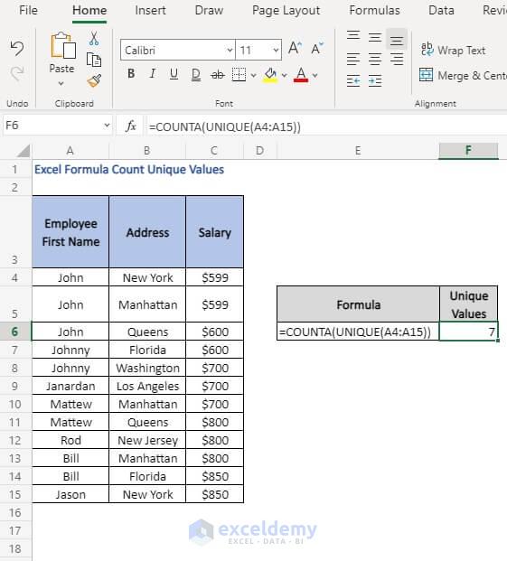 UNIQUE result-Excel Formula Count Unique Values