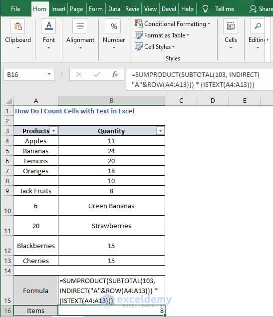 INDIRECT product result - How Do I Count Cells with Text in Excel