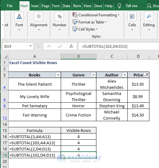 SUBTOTAL 102 filter result - Excel Count Visible Rows