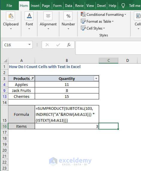Filter indirect product - How Do I Count Cells with Text in Excel