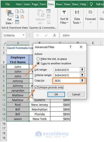 Input in Dialog box - Excel Formula Count Unique Values