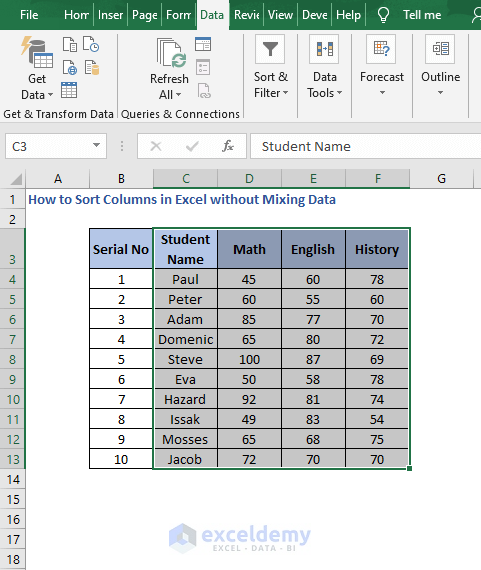 Select Columns - How to Sort Columns in Excel without Mixing Data
