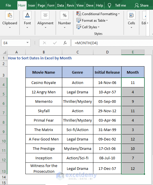 Select Column - How to Sort Dates in Excel by Month