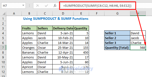Enter formula using SUMPRODUCT and SUMIF