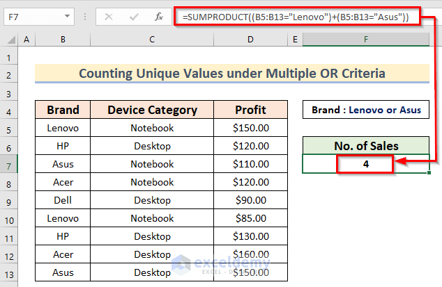 Count Unique Values Using SUMPRODUCT Function under Multiple OR Criteria in Excel