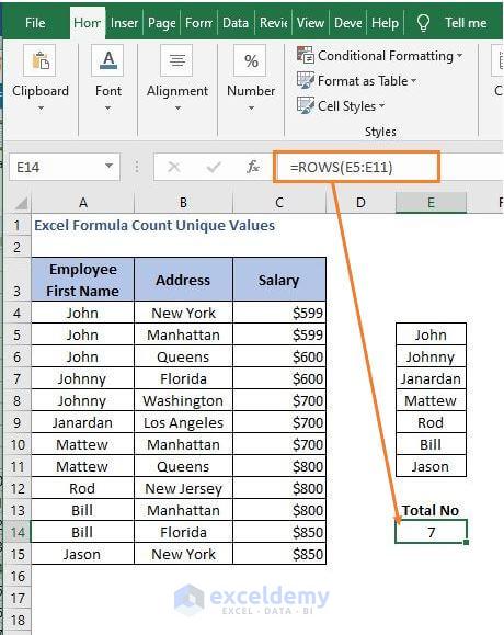 ROWS-Excel Formula Count Unique Values