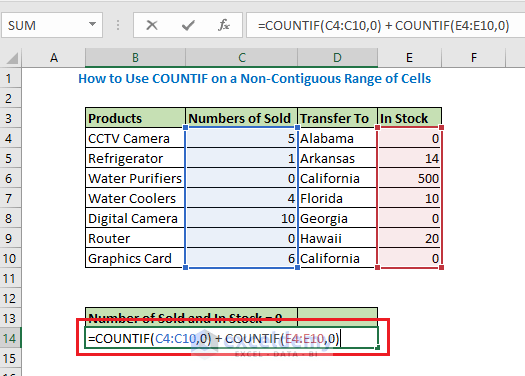 Enter the formual using COUNTIF function to How to find the cell in a Non-Contiguous Range of Cells