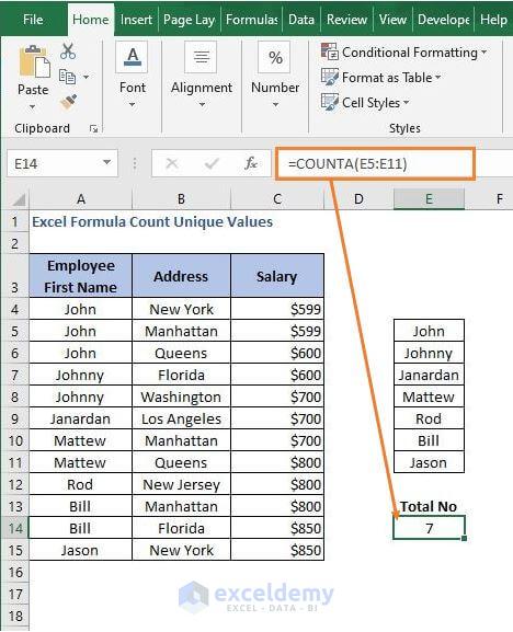 COUNTA-Excel Formula Count Unique Values