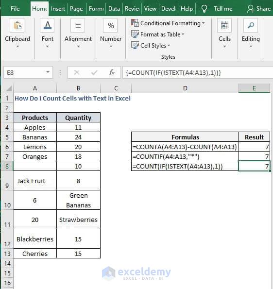 IF-ISTEXT result-How Do I Count Cells with Text in Excel