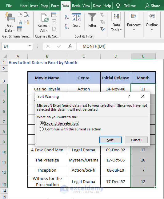 Sort Warning - How to Sort Dates in Excel by Month