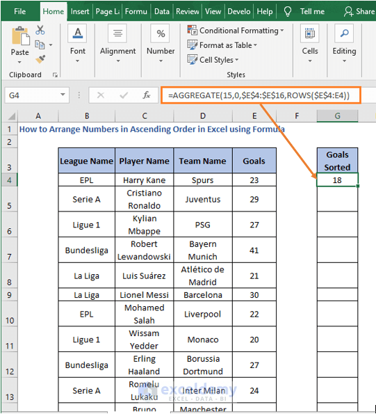 AGGREGATE - How to Arrange Numbers in Ascending Order in Excel using Formula