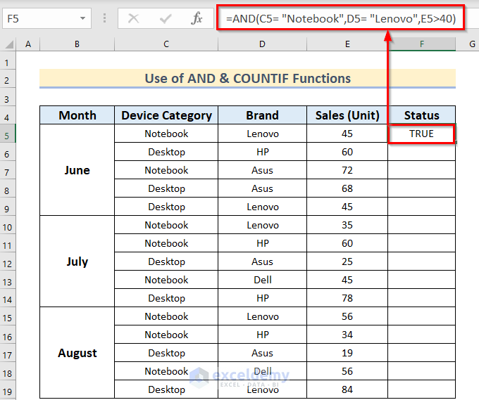 Applying AND and COUNTIF Functions in Excel for multiple criteria in different columns