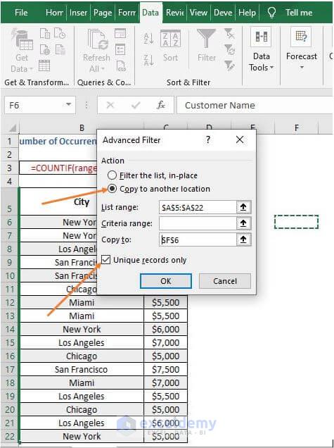 Dialog box filter - Excel Count Number of Occurrences of Each Value in a Column