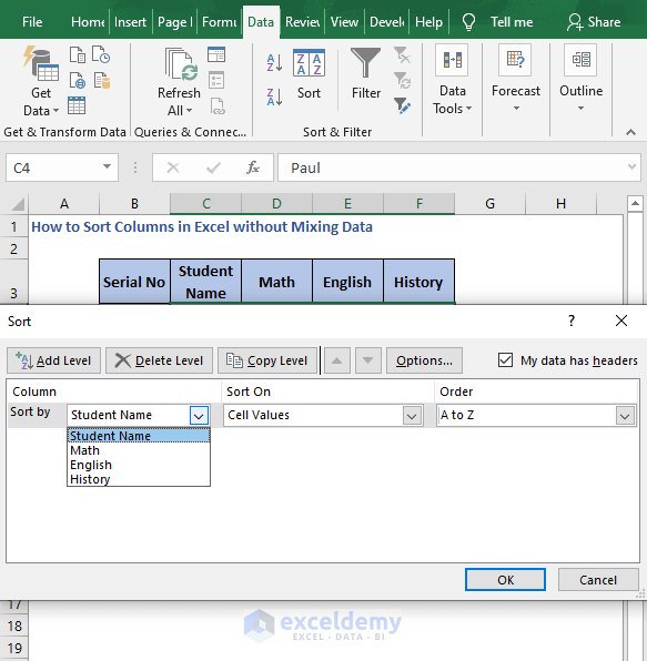 Select column to sort by - How to Sort Columns in Excel without Mixing Data
