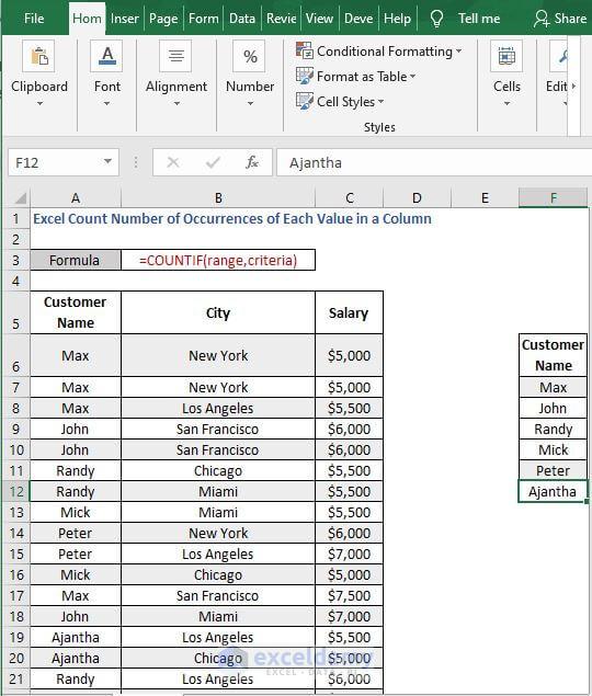 Values extract - Excel Count Number of Occurrences of Each Value in a Column