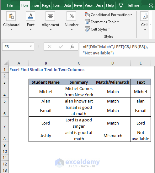 Fill with formula - Excel Find Similar Text In Two Columns